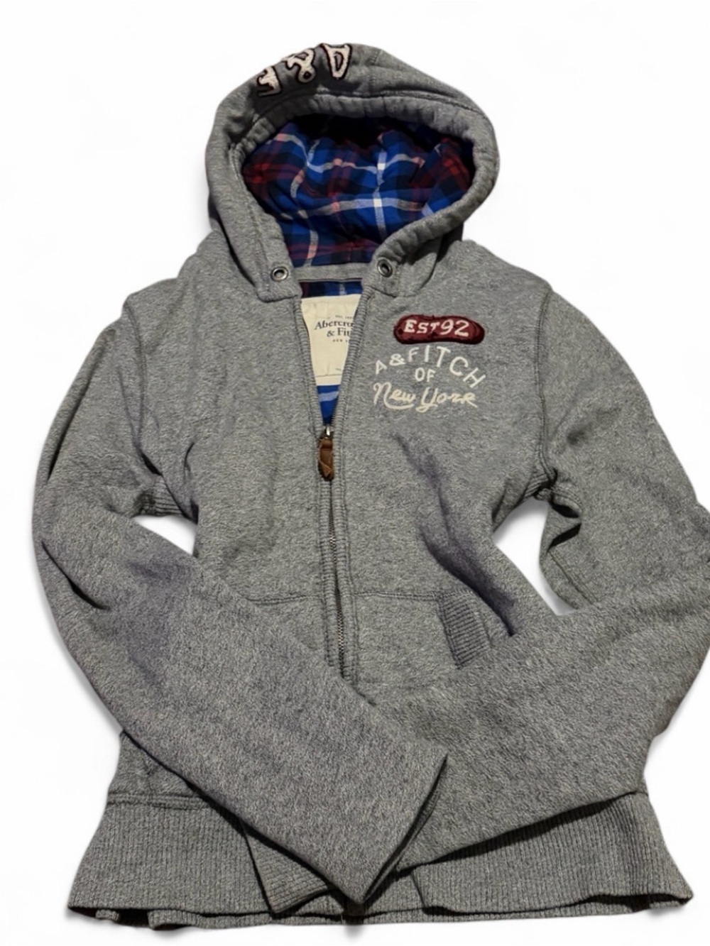 Vintage Abercrombie & Fitch Gray Y2K Full Zip Hoodie Plaid Lining EST 92 Patch